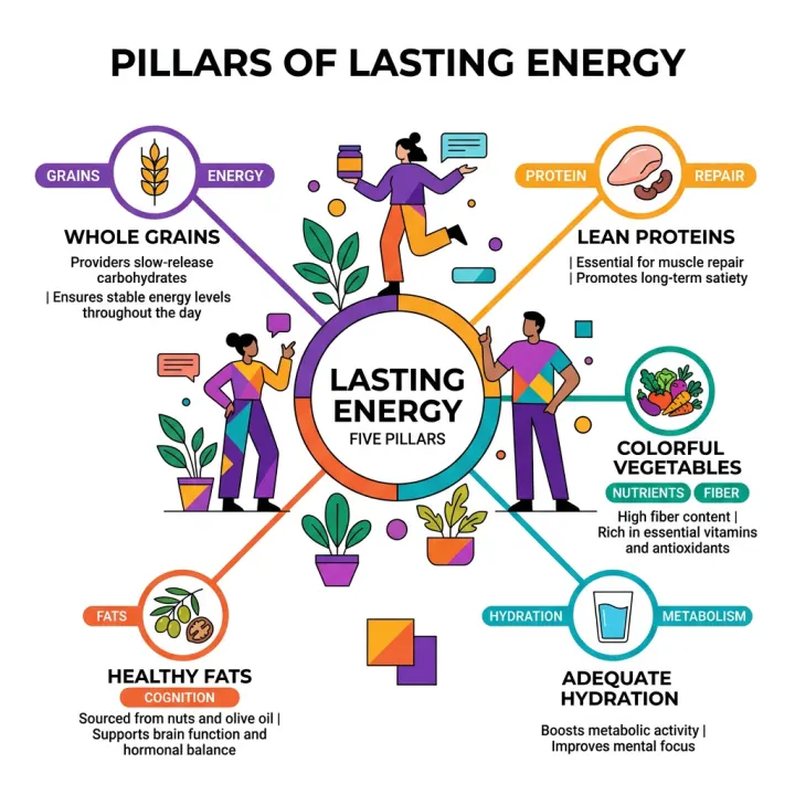 Pillars of a healthy diet — hub-spoke infographic in corporate-memphis style, generated from the text above