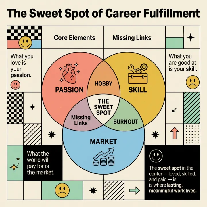 Work, life and passion — venn-diagram infographic in retro-pop-grid style, generated from the text above