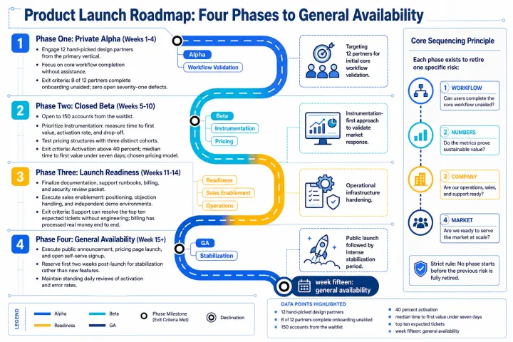 Product launch roadmap — four phases — visual summary template generated by Flowgraph