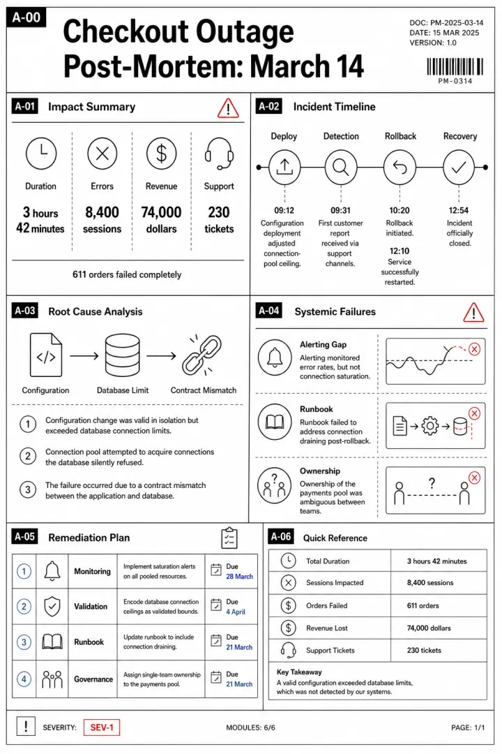 Post-mortem — checkout outage — visual summary template generated by Flowgraph