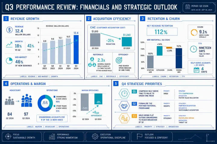 Transform Heavy Business Reports into One-Pager Visual Summaries — example generated by Flowgraph