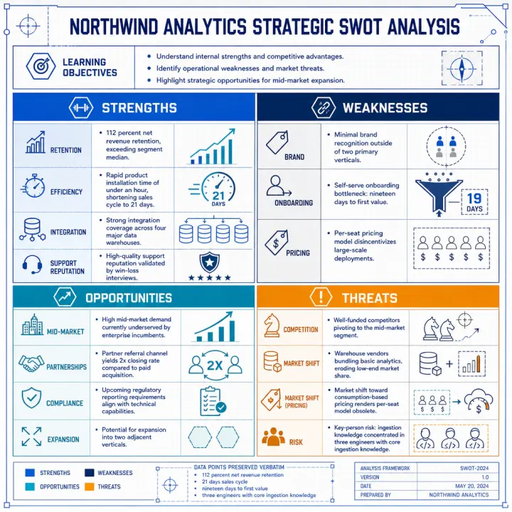 SWOT analysis — mid-market SaaS — visual summary template generated by Flowgraph